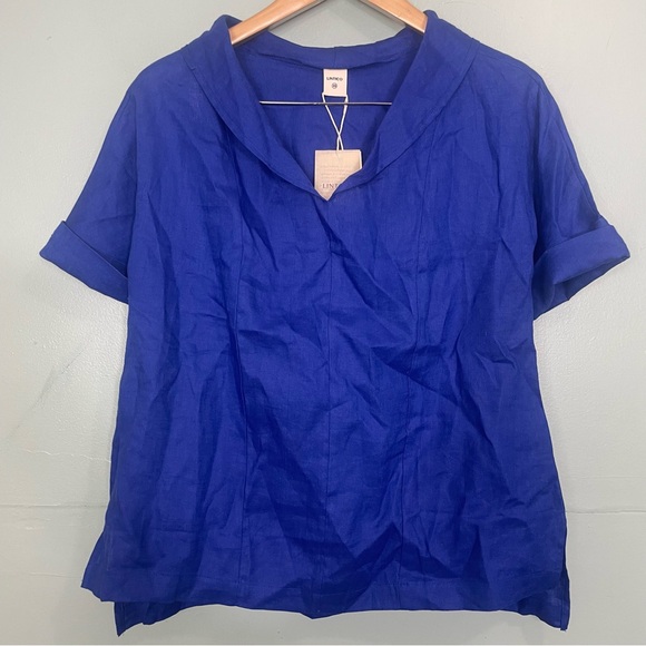 Lintico 100% Linen V Neck Short Sleeve Shirt Sierra Royal Blue Size XS - Picture 3 of 6
